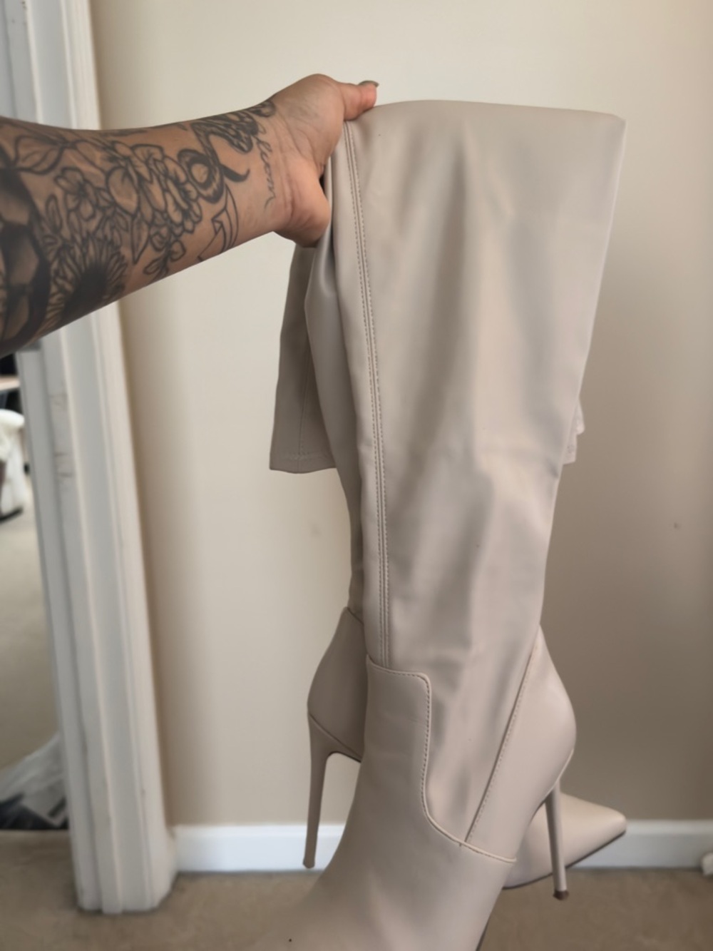 Steve Madden Beige Knee-High Pointed Stiletto Boots